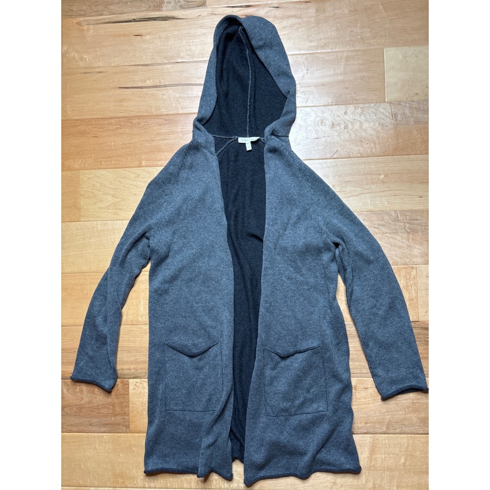 Eileen Fisher Cardigan Womens XS Gray Organic Cotton Hooded Open Front Sweater
